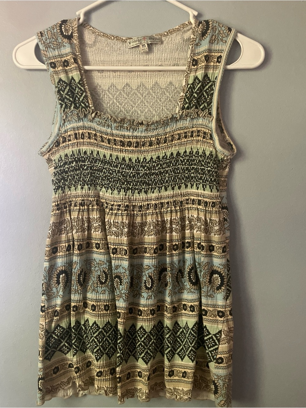 Vintage Suzie Cream, Light Blue & Olive Smocked Tank